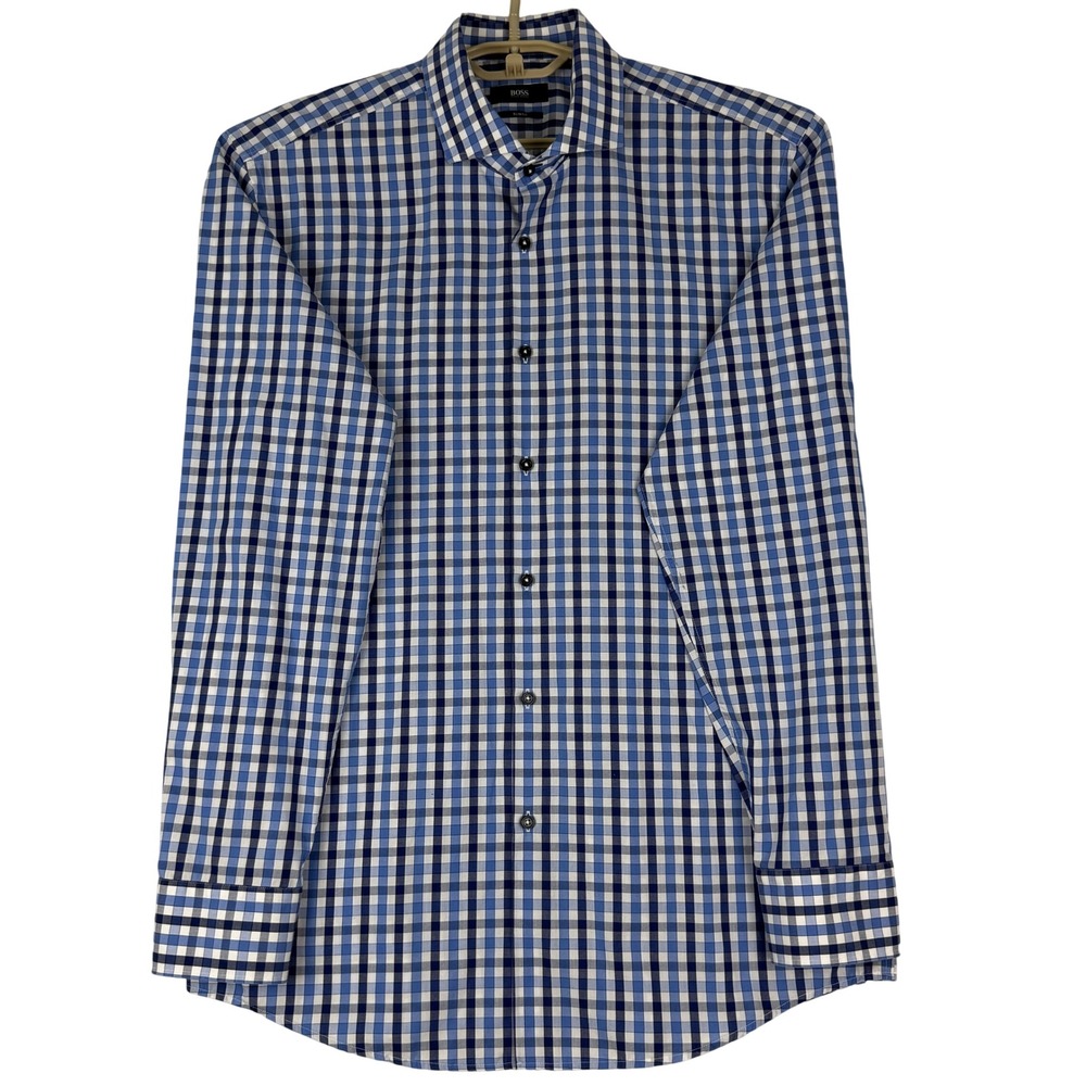 Hugo Boss Shirt Mens 17 (43) Jaser Slim Fit Blue Gingham Check Long Sleeve